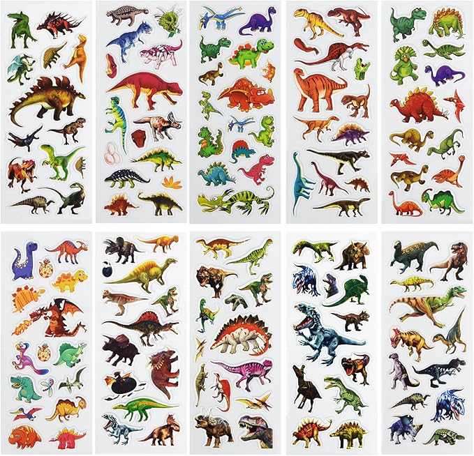 24 sheets(350+) dinosaur 3d puffy stickers for toddlers kids, bulk preschool sticker sheets for reward, craft, scrapbooking