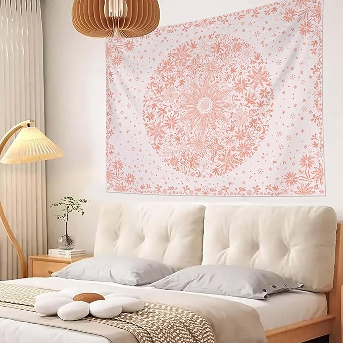 neasow bohemian tapestry wall hanging, pink floral tapestry with dotted daisy medallion print bedroom boho hippie home decor, 50x60 inches