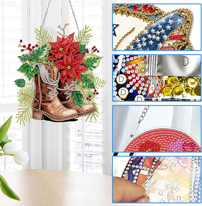 Reofrey Hanging Diamond Art Kits for Adults– 8x8Inch Western Hanging Ornament Acrylic Board Double Sided Pattern Crystal Diamond Art Suncatcher Pendant, for Home Wall Window Decoration Handmade Gift