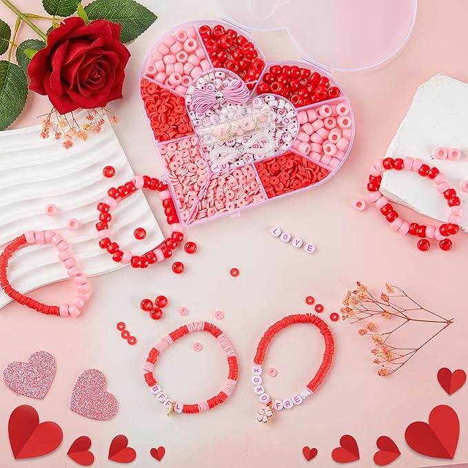 Taybonds Valentine's Day Bracelet Making Kit – Heart-Shaped Bead Box with Red & Pink Pony & Clay Beads, Letter Beads, Charms & Elastic Cord, Valentine Jewelry Gift Set