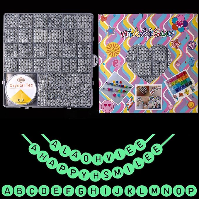 nikkiGuo 1250 PCS Letter Beads Kit with Elastic Cord – Alphabet A–Z, Numbers, Heart, Moon, Star, Smiley Beads for Friendship Bracelets & DIY Jewelry (Glow in The Dark & Black Letters)