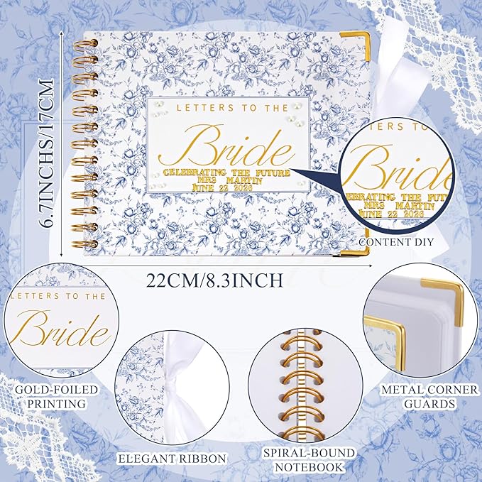 Wedding Guest Book Letters to The Bride Scrapbook Wedding Memory Book Bridal DIY Blank Paper Scrapbook Photo Album Guest Sign with Pearl Stickers(8.5 x 7 Inch,Floral,Blue)