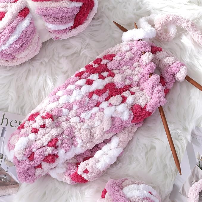 HOMBYS Chunky Tie Dye Mix Chenille Yarn for Hand Knitting, Super Bulky Jumbo Yarn for Crocheting, 3/4" Thick Soft Plush Yarn for Blankets, 8 Skein Pack (26 yds / 7.5 oz Each) Rose,Pink,White