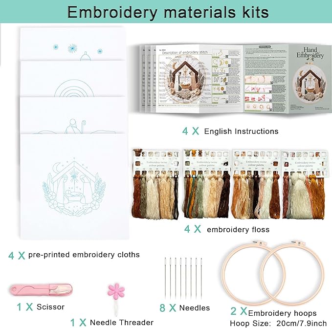REEWISLY 4set Christmas Embroidery Kit for Adults Beginners, 4 Nativity Patterns with 2 Hoops, Cross Stitch Kits for Beginners, Embroidery Starter Kit with Floss & Needles