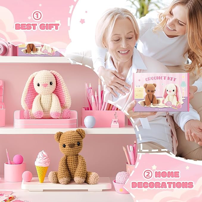 Easter Crochet Kit for Beginners, Bunny and Bear Crochet Kit with Step-by-Step Video Tutorials, Crocheting Kit for Starter, Beginner Crochet Kit for Adult, Stuffed Animal Knitting Kit for Birthday