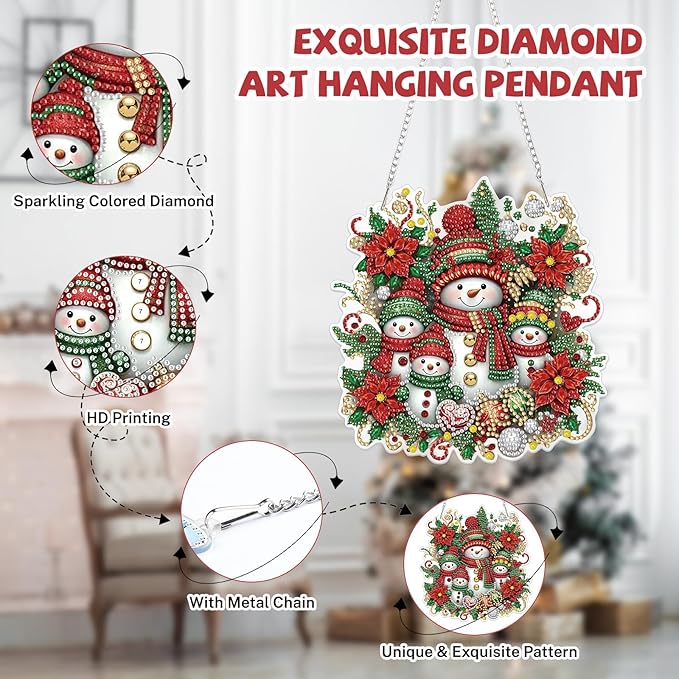 Bowetile Christmas Diamond Art Hanging Kits for Adults, Diamond Art Suncatchers Snowman, 5D Special Shape Diamond Painting Pendant Window Ornament Christmas Gifts for Home Door Wall Decor