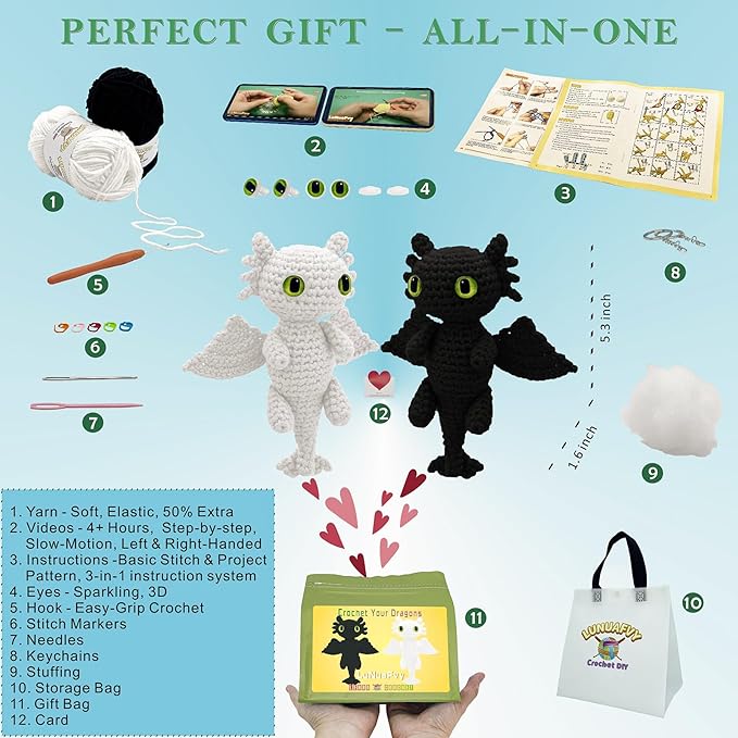 lunuafvy crochet kit for beginner adult/teen/kid 9+ - learn to crochet animal amigurumi dragon set with left/right-handed 4hr video, 3-format guides, gift-ready packaging, soft yarn & storage bag
