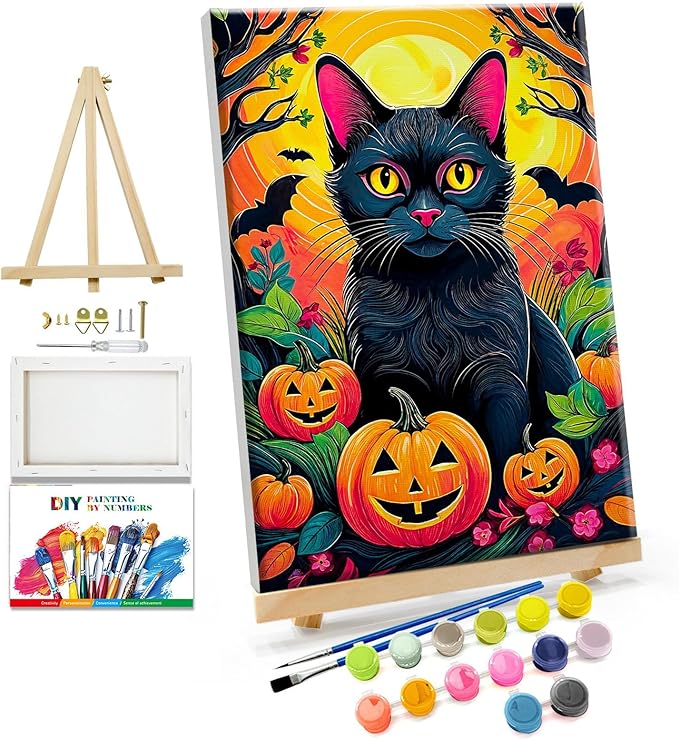JOOZ Paint by Numbers Kit for Adults with Frame Halloween Paint by Number with Easel Black Cat Adult Paint by Number Kits Framed Canvas DIY Oil Painting Kits for Ideal Gift Home Wall Decor 8x12 Inch