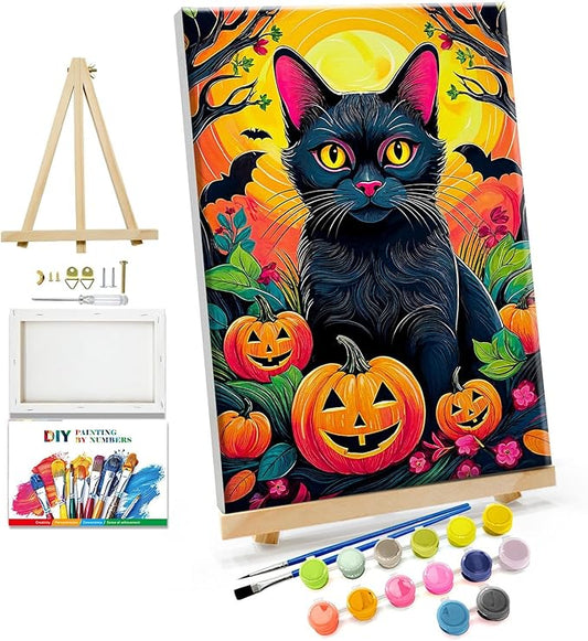 JOOZ Paint by Numbers Kit for Adults with Frame Halloween Paint by Number with Easel Black Cat Adult Paint by Number Kits Framed Canvas DIY Oil Painting Kits for Ideal Gift Home Wall Decor 8x12 Inch