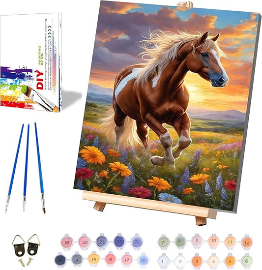 Horse Paint by Numbers for Adults with Framed Canvas-with Wooden Easel,Paint by Number on Canvas Animals,DIY Acrylic Oil Painting Kits with Brushes Nice Gift Box for Home Wall Decor(12x16inch)