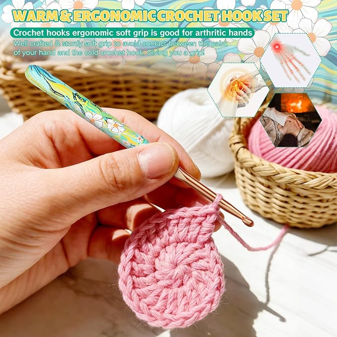Coopay Warm Crochet Hooks Comfort Grip, Blue Flower Art Handle for Beginners, Longer Aluminum Shaft Crochet Hook Set 2.0mm-6.0mm(B-J), Smooth Needles Set for Crocheting