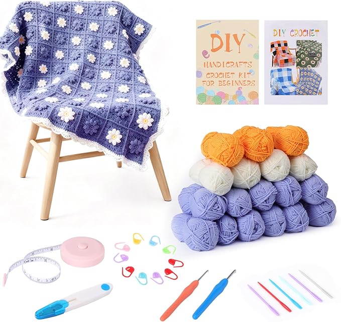 HUYEIOBGD Daisy Blanket Crochet Kit for Beginners, Complete DIY Crochet Set with Yarn, Hooks, Pattern & Tools, Boho Flower Blanket Craft Kit for Handmade Gifts, Relaxing Crochet Projects for Adults
