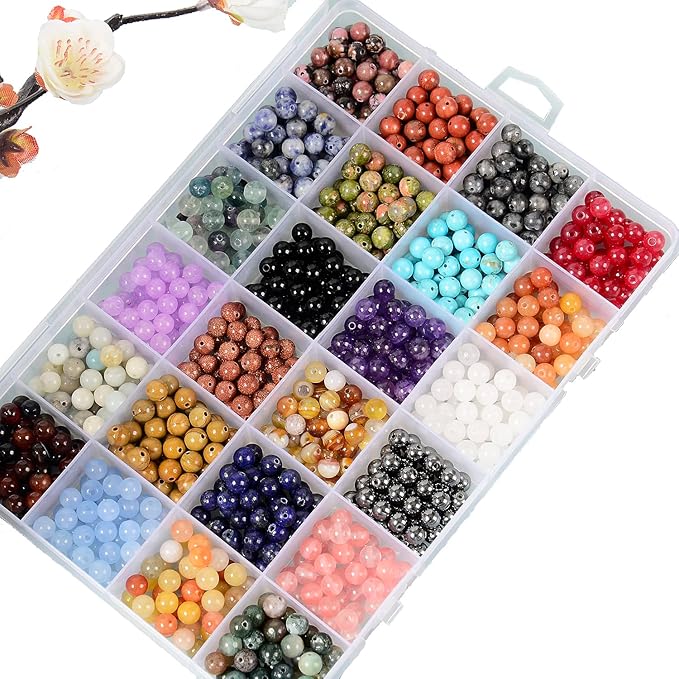 6mm natural mixed materials gemstones beads tiny spacer round loose beads jewelry making kit with thread 960 pcs(24 natural, 6mm)