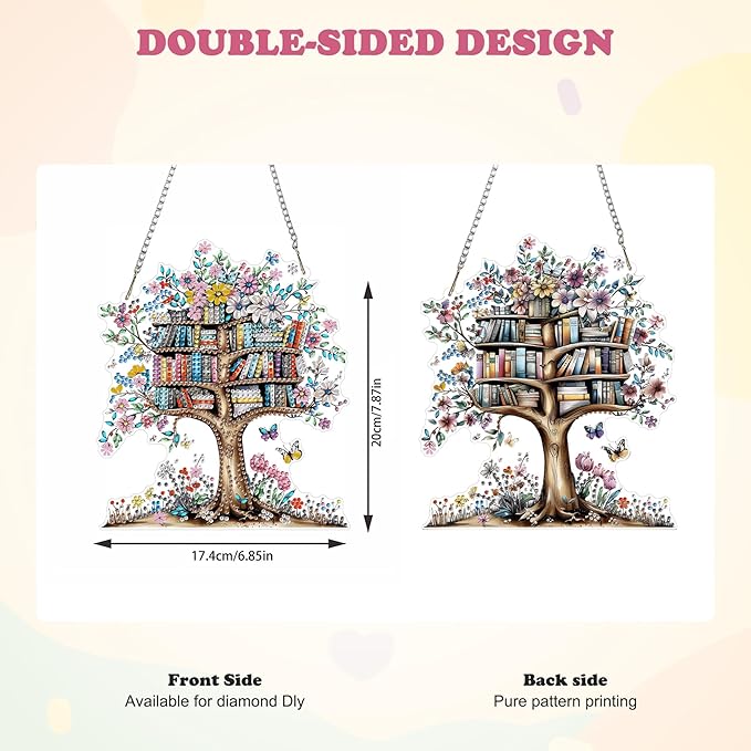 HEIBAGO Book Diamond Art Hanging Kits for Adults, Tree Diamond Art Suncatchers, 5D Special Shape Diamond Painting Pendant, DIY Window Ornament Gifts for Home Garden Door Wall Decor 8.3 x 8.3 Inch