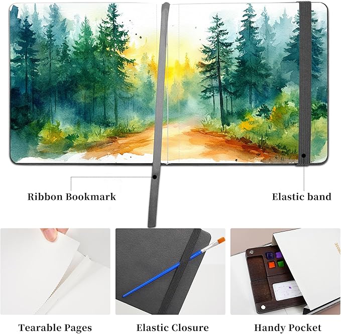 Vienrose Watercolor Sketchbook, 5.5"x5.5" Watercolor Journal with 24 Sheets 48 Pages 140 LB (300 GSM) Cotton Watercolor Paper, Grey Leather Cover Water Coloring Sketch Book As Travel Notebook