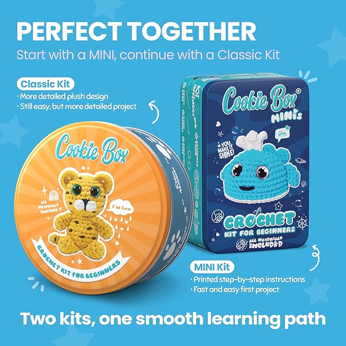 Cookie Box Original Crochet Kit for Beginners – Gift Set to Make Leopard Leo Amigurumi Plushie – Easy DIY Crochet & Knitting Starter Kit with Video and PDF Tutorials