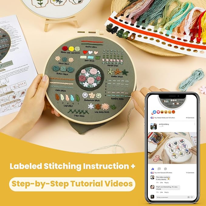 HTVRONT Embroidery Kit for Beginners- 3 Pcs 14 Stitches and 9 Flower Practice Samplers, Pre-Printed Patterns, Step by Step Video, Beginner Embroidery Kit for Adults for Gift for Women