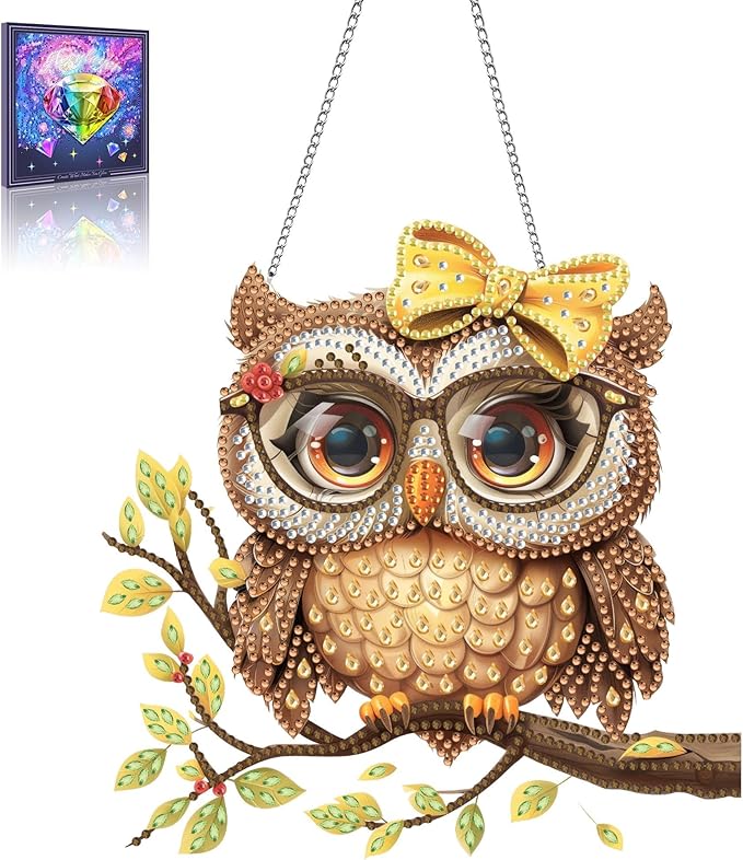 Wergund 5D DIY Owl Diamond Art Hanging Kits, Hanging Diamond Art Birds, Acrylic Special Shaped Rhinestone, Window Hanging Pendants for Home Wall Garden Front Door Outdoor Decor Gift(Owl)