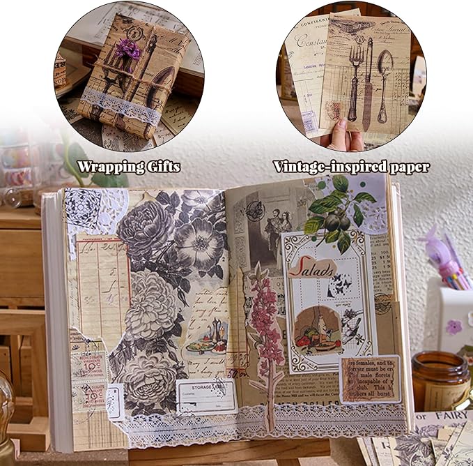 120Pcs Vintage Decor Scrapbook Paper Kit, Rice For Scrapbooking,Junk Journal Supplies, Decoupage paper,Card Making Supplies,And Cottage Core Room Decor DIY Mixed Media Collage Card