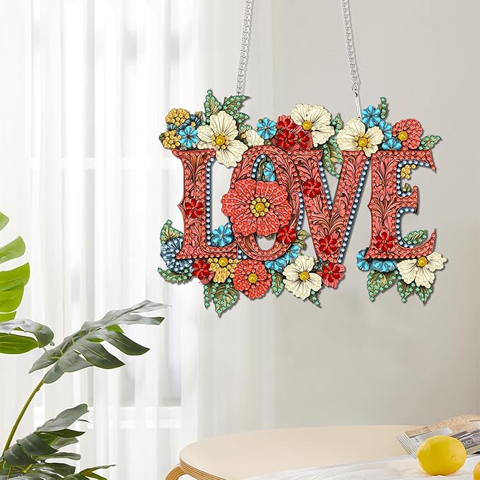 Reofrey Hanging Diamond Art Kits for Adults - 8x8 Inch Love Acrylic Board Double Sided Pattern Diamond Painting Suncatcher Pendant, DIY Crystal Art for Home Wall or Window Decoration Handmade Gift