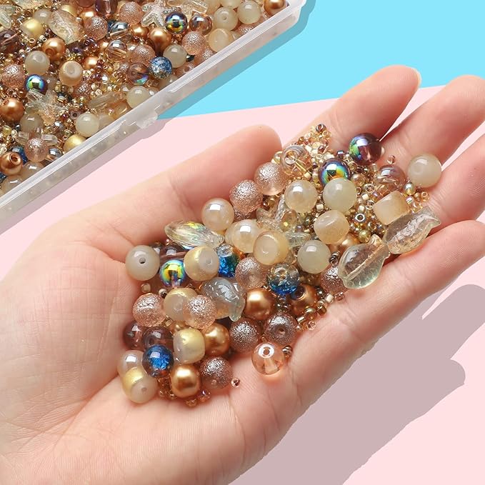 Rired 27 760pcs Mixed Glass Beads for Jewelry Making, 8MM Brown Assorted Round Beads, Bracelet Making Kit Including Ocean Starfish Crystal Beads and Seed Beads