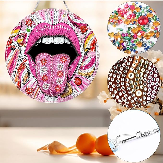 Bimkole Tongue Diamond Art Hanging Kit for Adult, DIY 5D Mouths Diamond Art Painting Window Pendant, Acrylic Crystal Art Hanging Ornament for Wall Home Garden Front Door Decor - 7.8x7.8 Inch