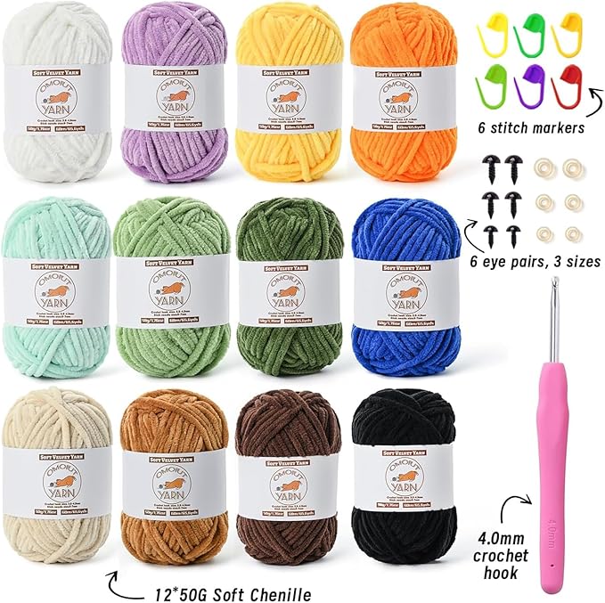 12 Pack Fluffy Velvet Yarn for Crocheting, Chunky Chenille Baby Yarn for Crocheting Soft Blanket, 787 yds Amigurumi Yarns for Knitting, Bulky Multicolored Crochet Yarns Set D