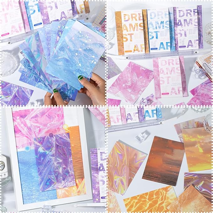 56PCS Holographic Sticker Paper Transparent Waterproof Self Adhesive Film PET Glitter Paper Scrapbooking Stickers for Junk Journal Supplies Card Making Album Collage Planner Gift Wrapping Decor