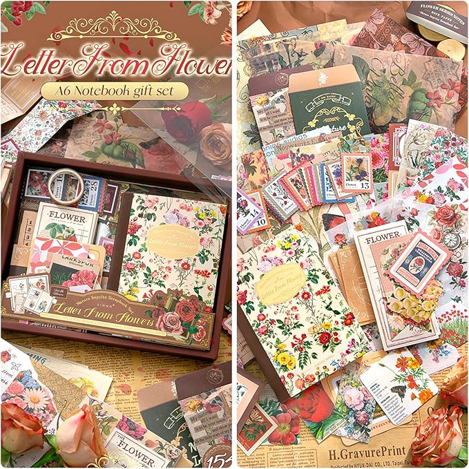 Scrapbook Supplies Kit, Cottagecore Aesthetic Junk Journal Kit, Scrapbooking Kit with Bullet Journaling Stickers, Stationary Set, Vintage Ephemera Collage Craft Supplies Gift for Adults Women Beginner