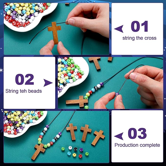 Kathfly 277 Pcs Wooden Cross Necklace Crafts Sunday School Crafts Kit DIY Christian Catholic Rosary Cross Pendant Religious Charms with Colorful Beads for VBS Church Men Women