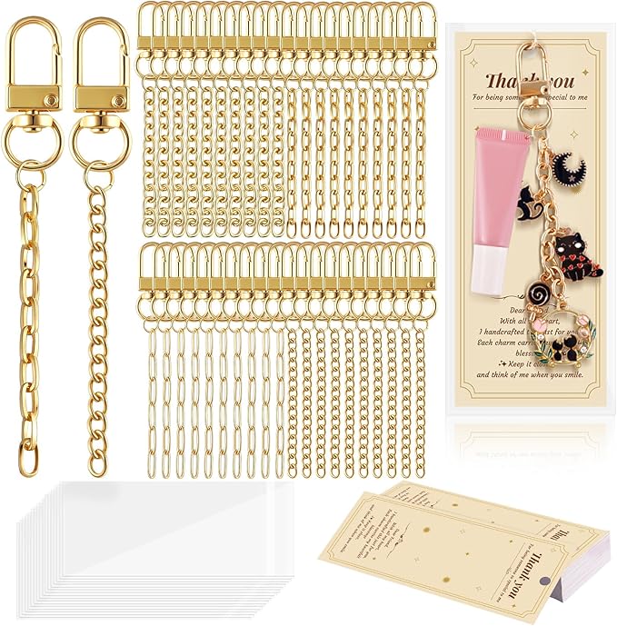wurosi 52 set lip gloss keychain making kit, gold keychain clips hooks with extender chain, gift bags, thank you cards, 5m hemp rope, for diy key chain making crafts