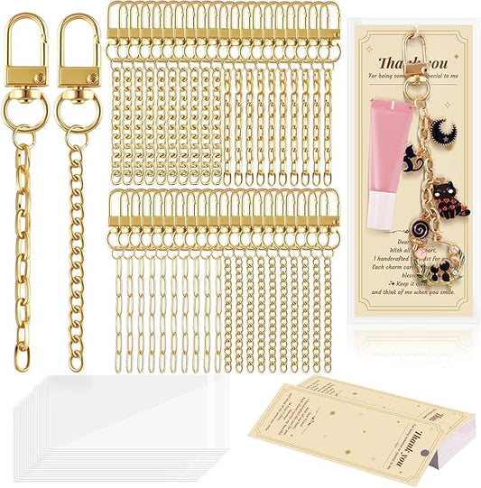 wurosi 52 set lip gloss keychain making kit, gold keychain clips hooks with extender chain, gift bags, thank you cards, 5m hemp rope, for diy key chain making crafts