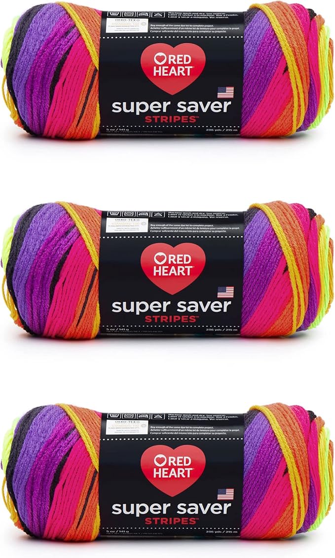 Red Heart Super Saver Yarn, 3 Pack, Bright Stripe 3 Count
