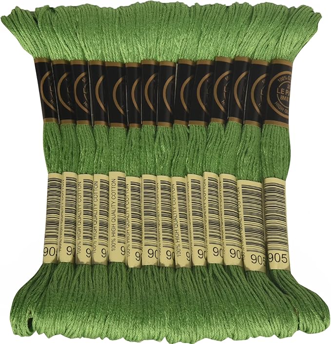 LE PAON Embroidery Floss, 14-Pack Six Strands 100% Long Staple Cotton Embroidery Thread, 8.7-Yard，Color Number：905,Dark Parrot Green