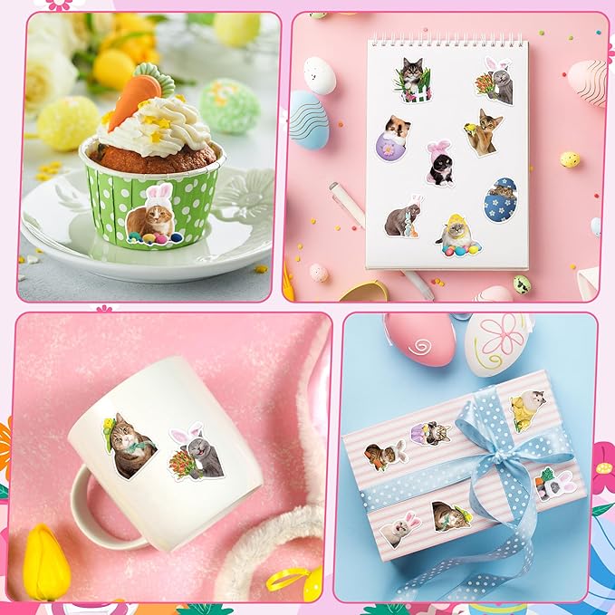 h1vojoxo easter cat sticker rolls - 1000pcs holiday cat dress up stickers for kids 16 designs funny self-adhesive stickers for easter party supplies easter eggs stickers for craft envelope cat lover