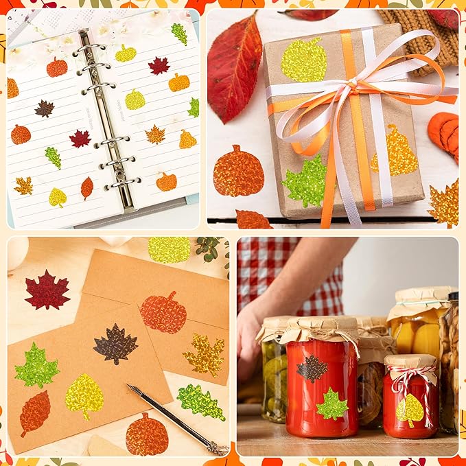 beyumi falll pumpkin leaves sticker - 1000pcs fall laser pumpkin maple leaves stickers in 2 rolls holographic sparkly glitter autumn thanksgiving adhesive decal gift party envelope decor for kids