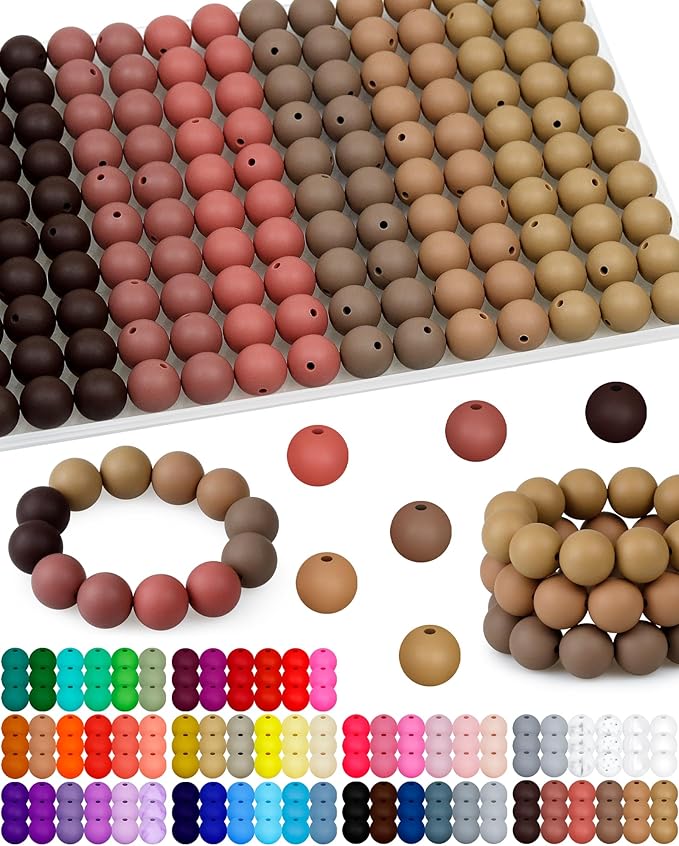 160pcs fiveizero 15mm silicone beads for keychain making - mixed color round rubber beads bulk, diy craft supplies for bracelets necklaces pens(brown)