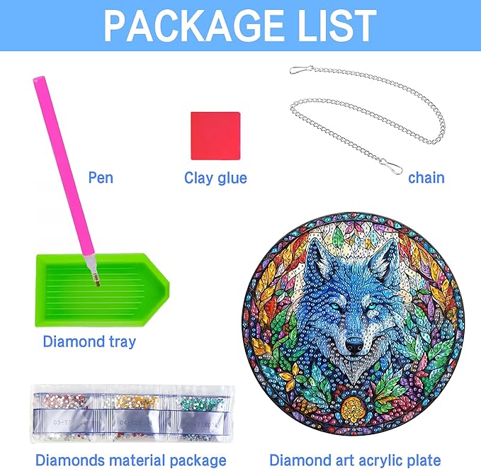 VAIIEYO Wolf Diamond Art Hanging Ornament, Animal Diamond Painting Suncatchers Window Hanging Kit with Chain, 7.5x7.5 inch Crystal Pendant Art Craft for Gift Home Wall Front Door Decoration
