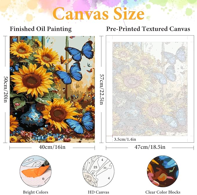 Paint by Numbers Kit for Adults Beginner Sunflower, Butterfly Adult Paint by Number Kits on Canvas, Flower DIY Acrylic Oil Painting by Numbers for Adults, Perfect for Home Wall Decor 16X20 Inch