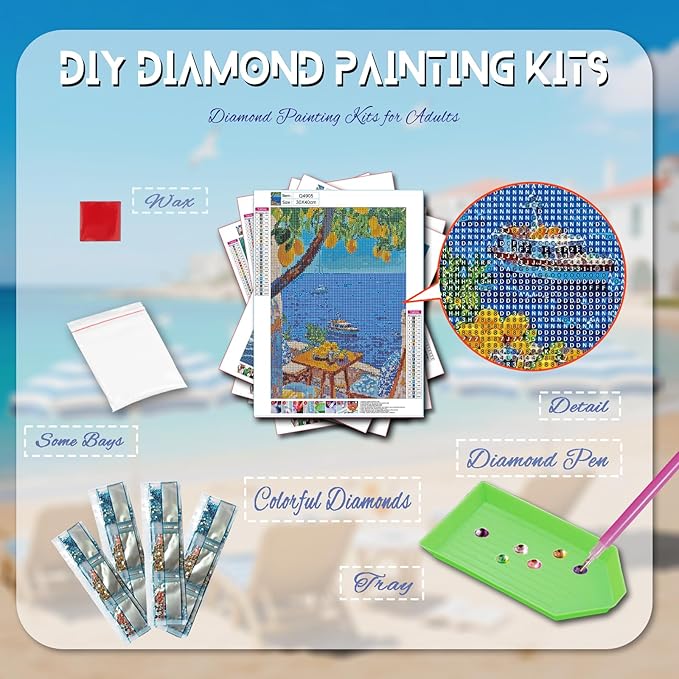 DOTZSO Diamond Art Kits for Adults, 5D Seaside Diamond Painting Kits for Adults,DIY Full Drill Diamond Art Painting Kits Gem Art and Crafts 11.8x15.7 (Inches)