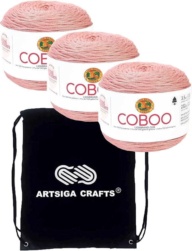 Lion Brand Coboo Mauve 835-145 (3-Skeins - Same Dye Lot) DK Light Worsted #3 Cotton, Bamboo Yarn for Crocheting and Knitting with Project Bag