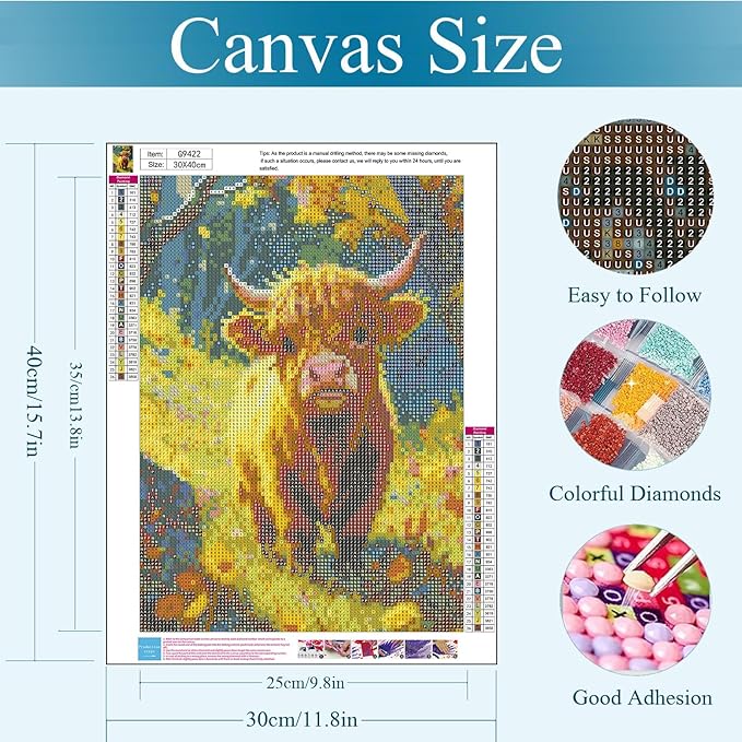 Gemozaic Highland Cow Diamond Painting Kits for Adults, Cute Cow Diamond Art Kits for Adults, Farmhouse Gem Art Kit for Gift Home Wall Decor, 12 x 16 Inch, No Frame