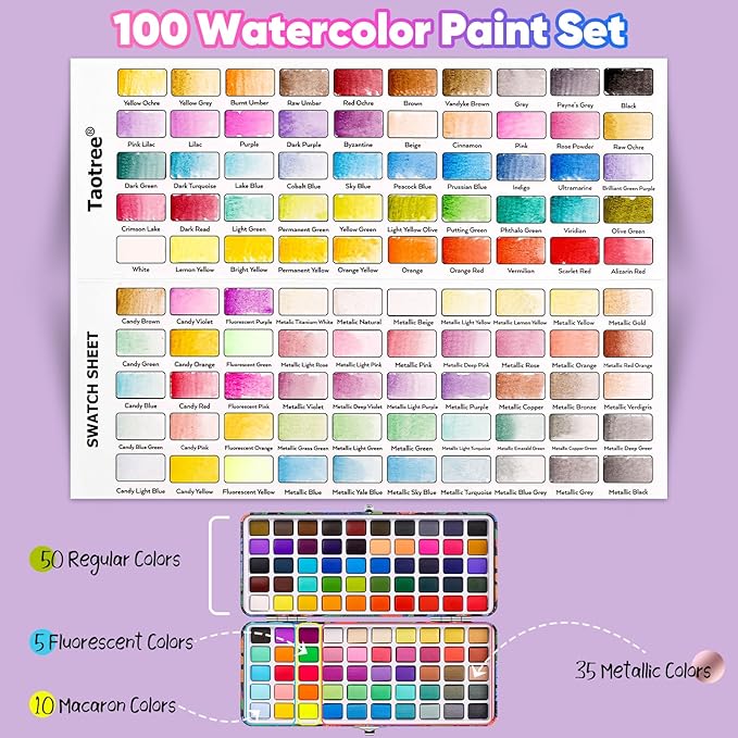 Taotree Watercolor Paint Set 100 Colors, Art Supplies Watercolors Kit Travel Water Colors with 3 Paints Brushes, Crafts Painting Supplies, Drawing for Adults Artist Drawing, Painting