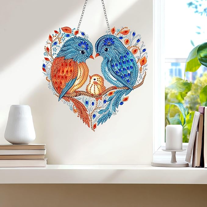 Wergund 5D DIY Bird Diamond Art Hanging Kits, Hanging Diamond Art Family, Acrylic Special Shaped Rhinestone, Window Hanging Pendants for Home Wall Garden Front Door Outdoor Decor Gift(Bird)