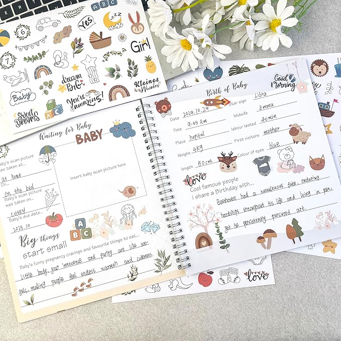 German Baby Milestone Stickers, 6 Sheets 190pcs Clear Matte Waterproof PET Stickers for Baby Memory Book, Baby Album, Scrapbooking, Newborn & First Birthday Decoration