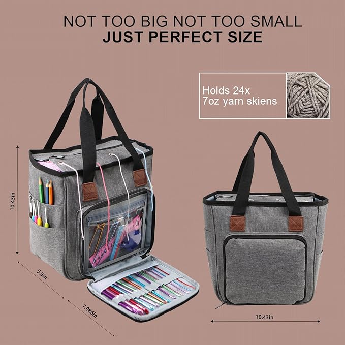 LOOEN Yarn Knitting Storage Tote-Large Capacity Crochet Organizer Portable Travel Bag With Shoulder Strap Crochet Hooks Case for Unfinished Bulk Project