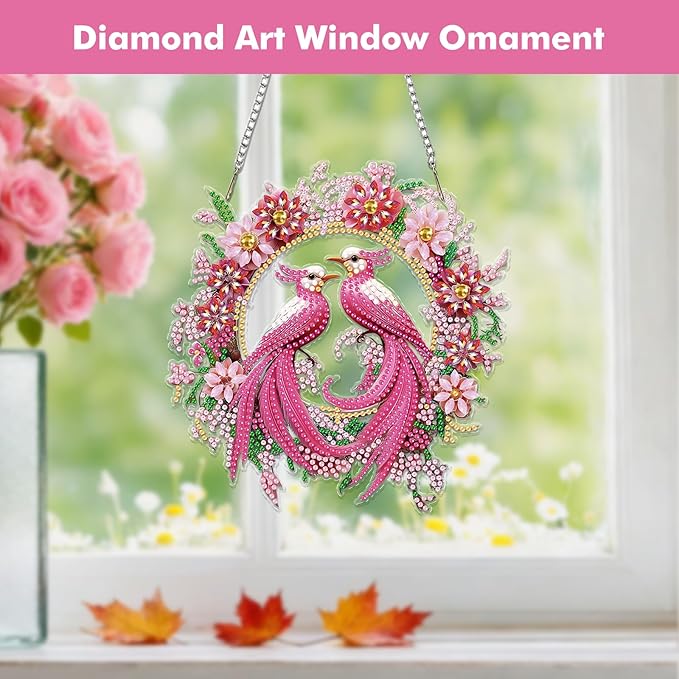 Miwixy Birds Hanging Diamond Art Kits for Adults,Pink Flowers Special Shaped Crystal Christmas Diamond Painting Ornament Kit DIY Double-Sided Pattern Window Pendant Gem Art Kit for Home Wall Decor