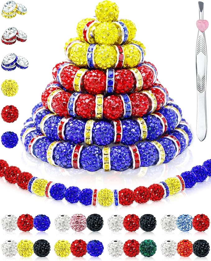 180pcs fiveizero 10mm rhinestone beads for jewelry making – sparkly round crystal clay beads & spacers in baseball team colors for bracelets, necklaces & diy crafts (red, yellow, blue)