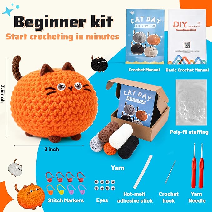 Joyclub 4 Pcs Crochet Kit for Beginners Crochet Starter Kits for Adults and Kids Great Birthday Gifts for Crocheting Lovers with Step by Step Video Amigurumi Cat Family Knitting Kit DIY Craft