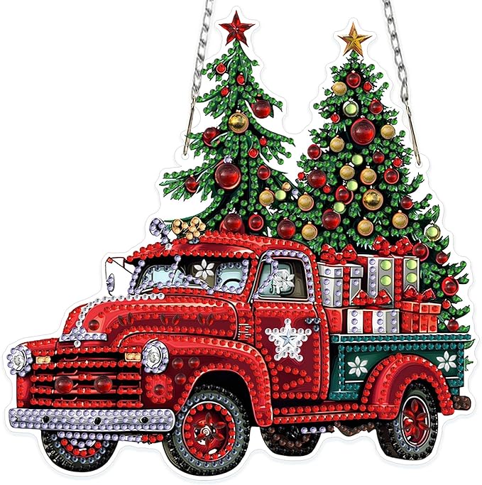 MOGTAA Christmas Truck Diamond Art Hanging Kits for Adults Kids, Christmas Tree Diamond Art Suncatchers, 5D Special Shape Diamond Painting Window Pendant Kit for Home Garden Wall Decor